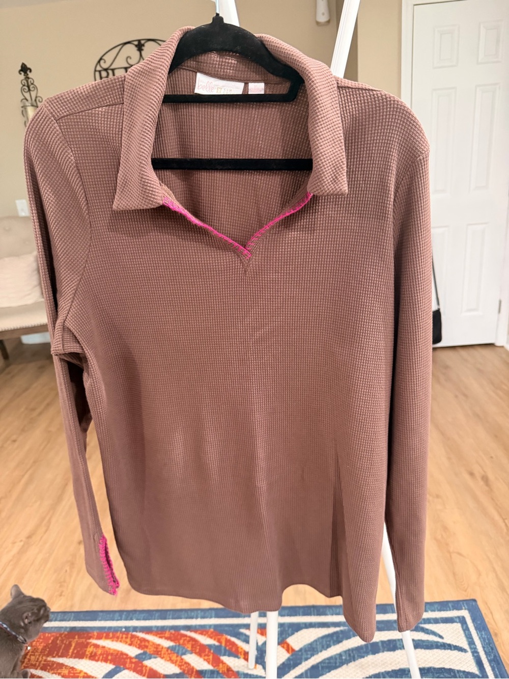 Belle by Kim Gravel Mauve Waffle Long-Sleeve Polo with Pink Trim